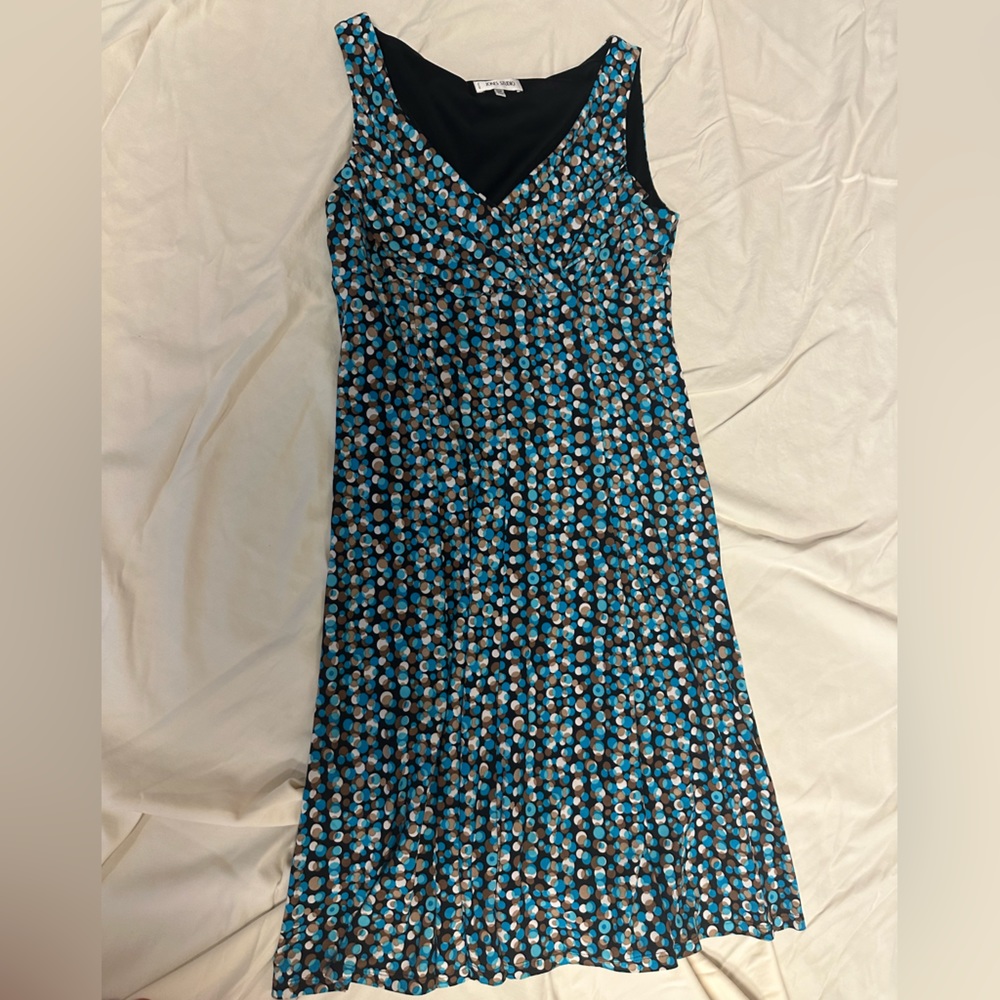 Lined midi dress - teal, brown, and white circles - business casual